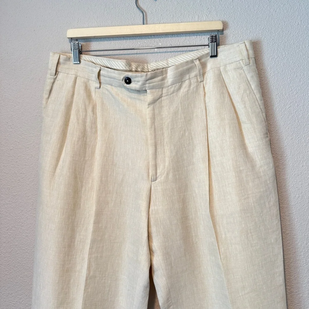 Luigi Baldo Mens 38x32 Tollegno 1900 Pure Linen Pleated Trousers Cream Italy